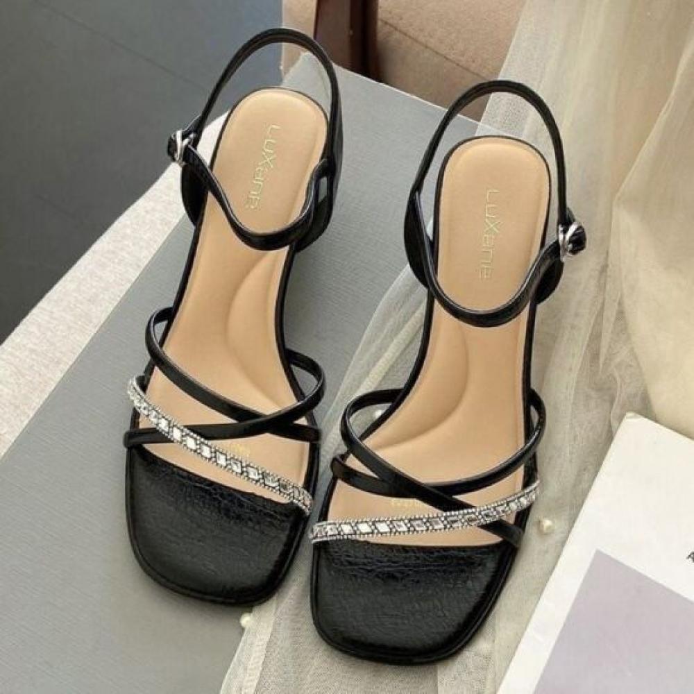 Melting Brown Women S Summer cryStal Strap Mid Heel SandalS 2 colorS