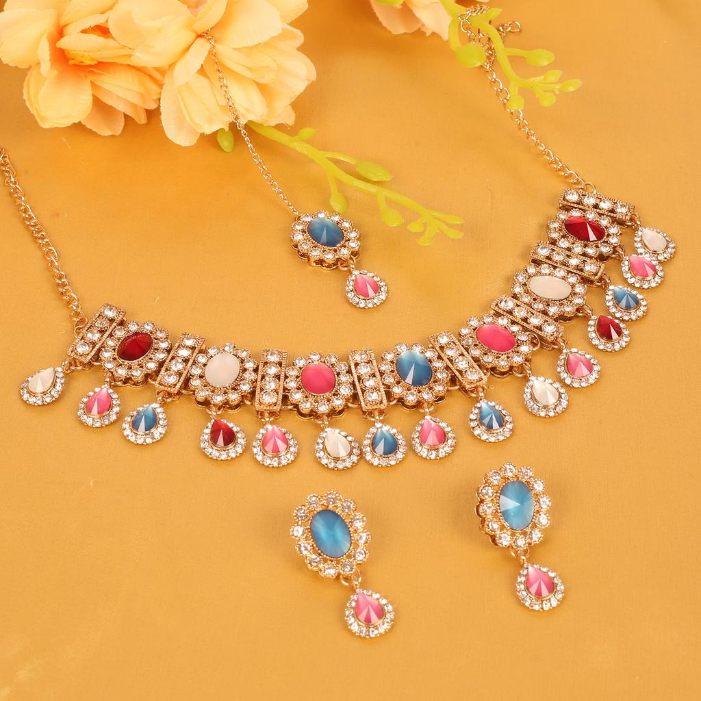 Sunsoul by Touchstone Indian Bollywood Traditional Handcrafted Hanging Designer Jewelry Necklace Set in Gold Tone for Women. Metal, No Gemstones