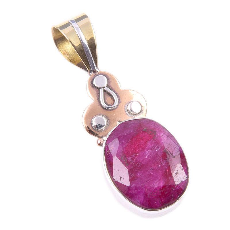 Red Ruby(Simulated) Handmade 925 Sterling Silver Two Tone Pendant 1.75" L8t32