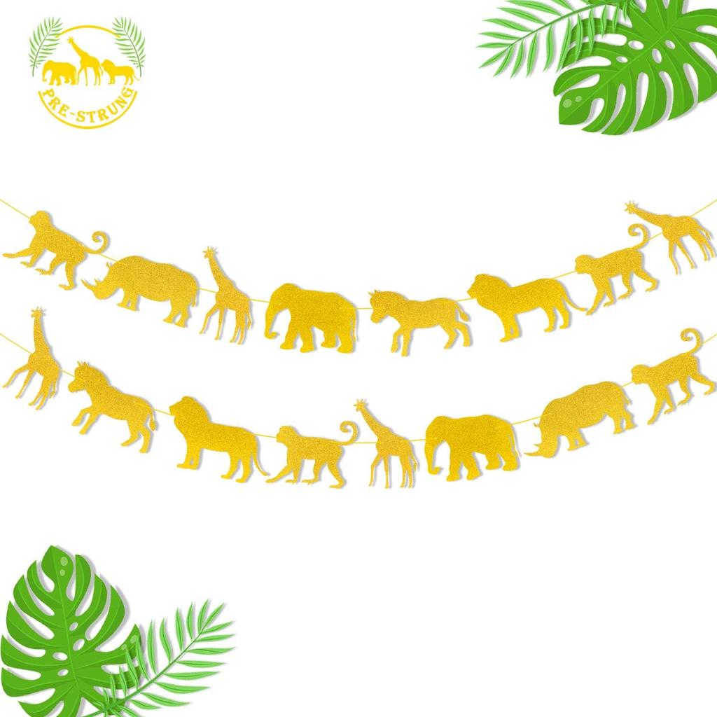 Jungle Safari Animal Banner Gold Glitter Zoo Garland Baby Shower Child Kids Boy Girl Birthday Party Supplies Decorations PRE Strung 2 PCS