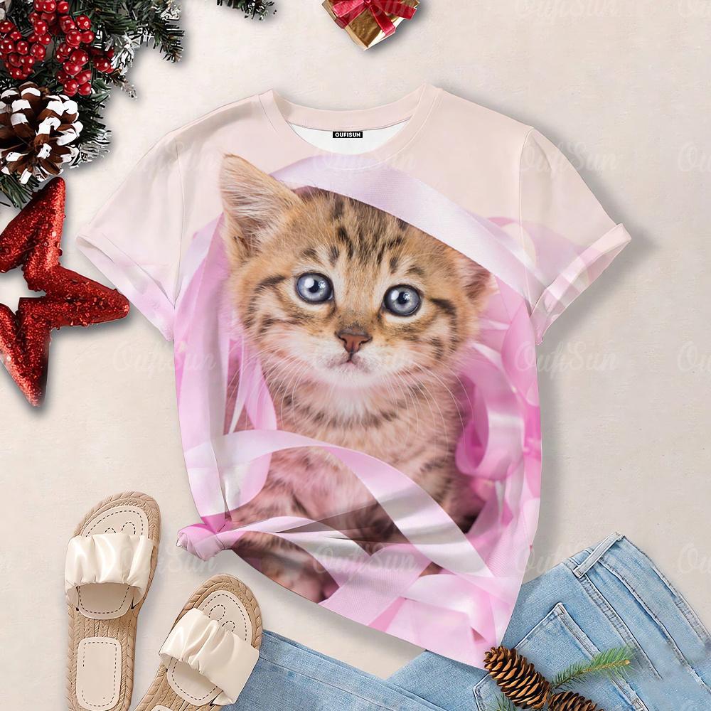 Футболки Overzise для женщин 2024, футболки с круглым вырезом и короткими рукавами с 3d принтом милого кота, топы, кавайные повседневные футболки, эстетические женские топы