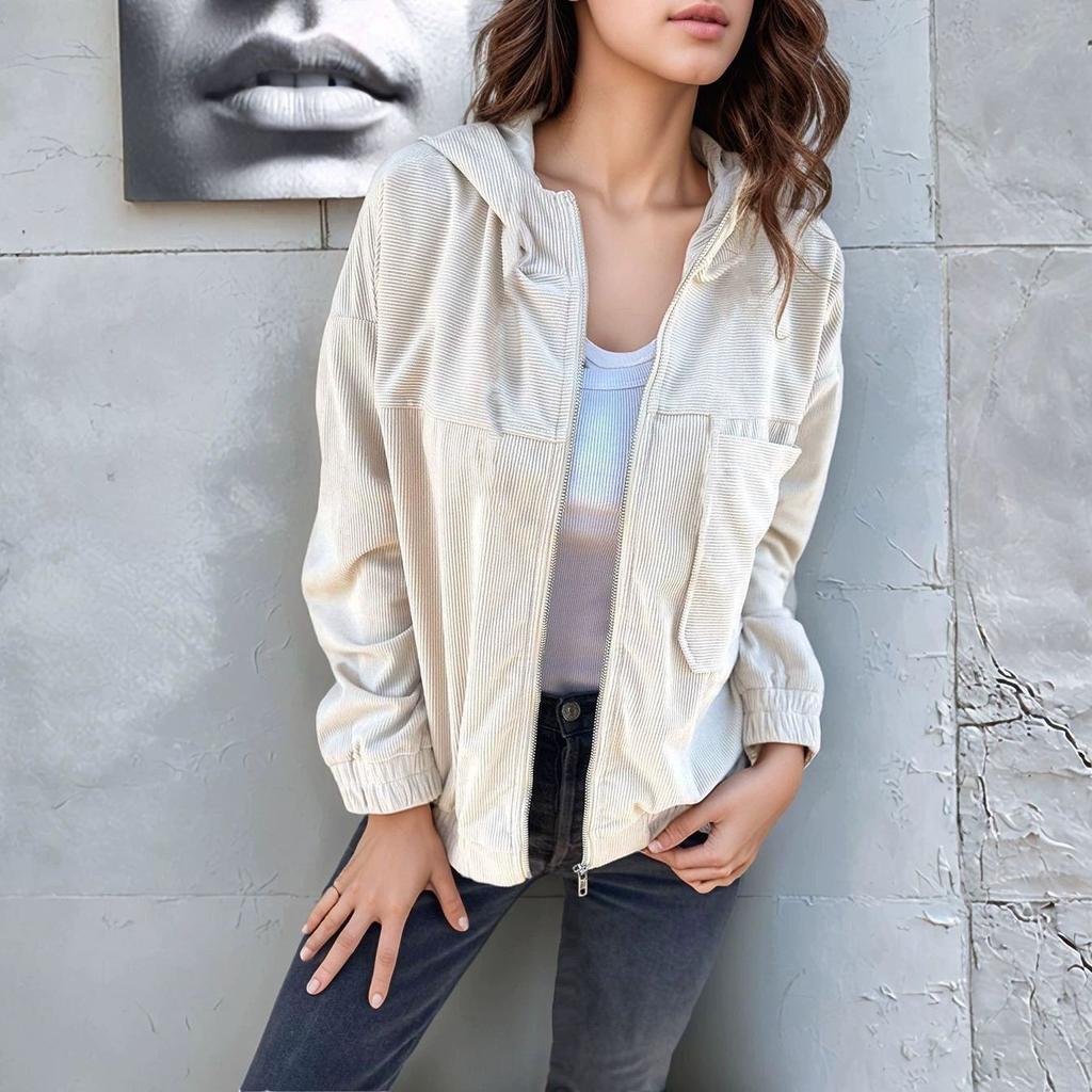 Spring Women Corduroy Coats Hooded Pocket Zippers Loose Autumn Baseball Jacket Female Long Sleeve Loose Outerwear