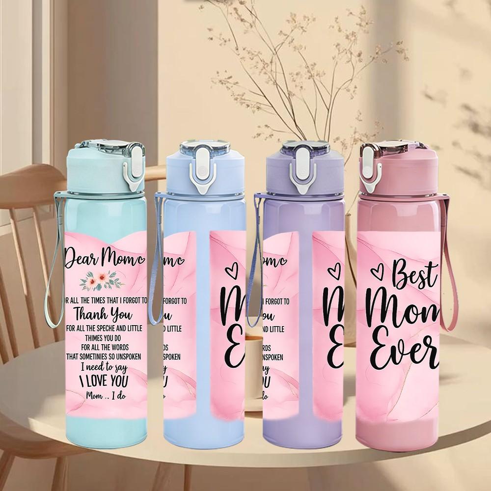 1PC Our Mom Text Quote Print 750ml Color Plastic Sports Water Bottle Leakproof Flip Straw Lid Suitable for Sports Office Home Use