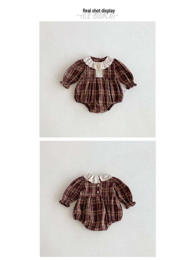 Осенний ретро ромпер в клетку с кружевным воротником для маленьких девочек, костюм для ползания на улице