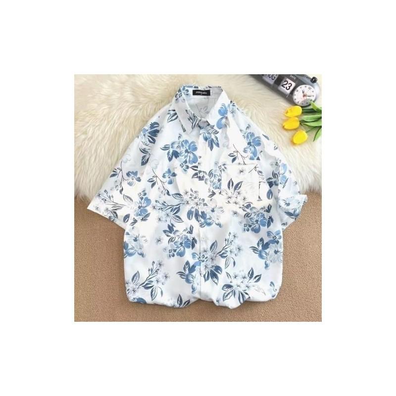 Thai Plant Print Shirt With Short Sleeves And High Elasticity For Casual Summer Wear