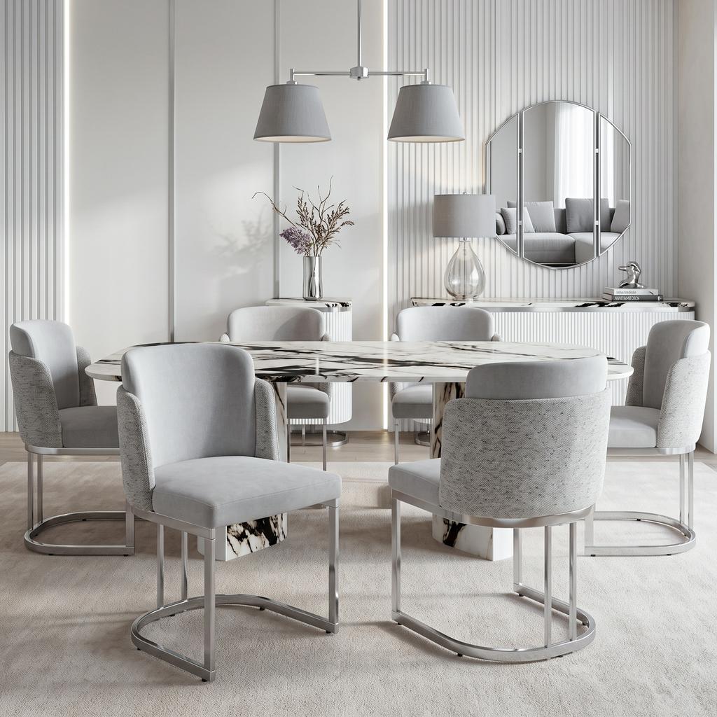 2 Dining Chairs, suitable for restaurants, living rooms, cafés, modern style, silver galvanized chair legs, chenille fabric, light gray + silver