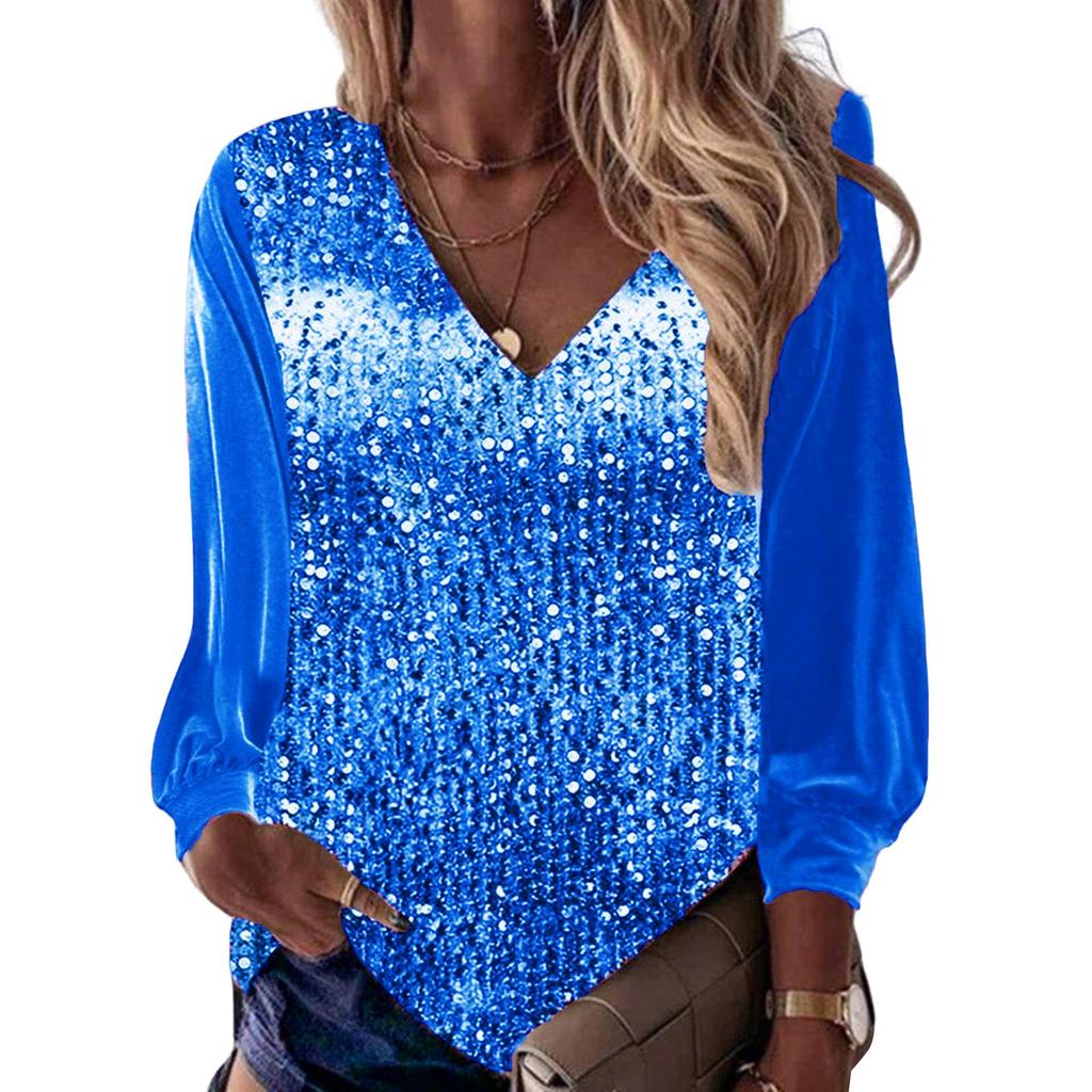 Lady Top V-neck Dressing Up Breathable Stylish Women Sequins Spring Tee Shirt Daily Clothing