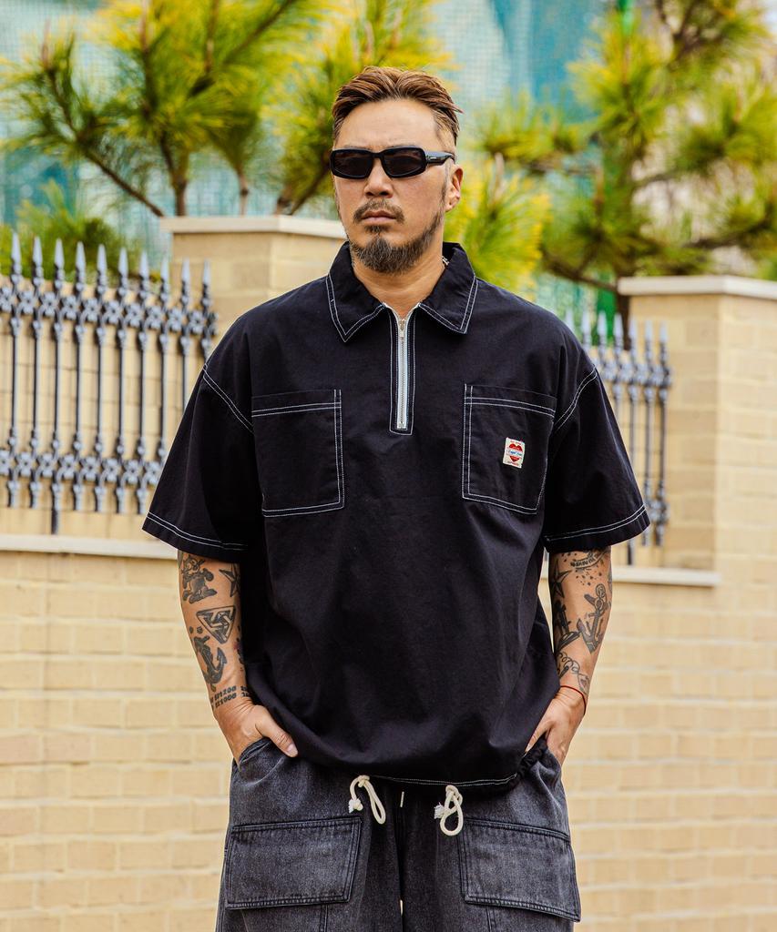RUGGED HOUSE Washed Half-Zip Collared Short Sleeve Tee Black