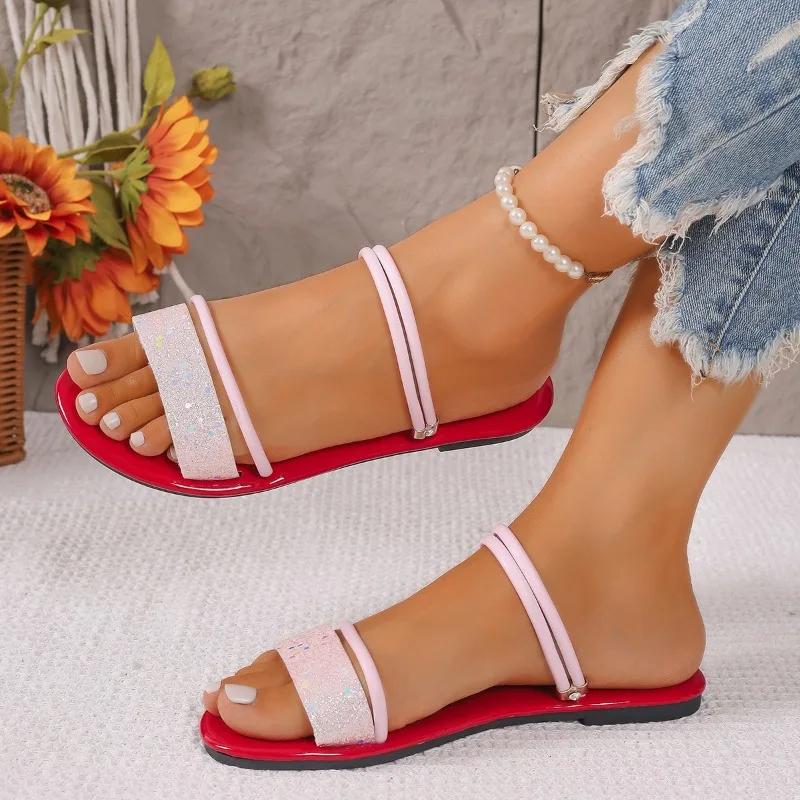 2024 Новый стиль, модные и универсальные, однотонные, с открытым носком, летние, удобные, верхняя одежда, повседневные, женские, пляжные тапочки на плоской подошве