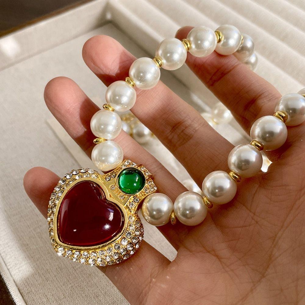 Жемчужный чокер Жемчужная цепочка Ожерелье Винтажная жемчужная цепочка для ключиц Подвеска в виде красного хрустального сердца Подарок