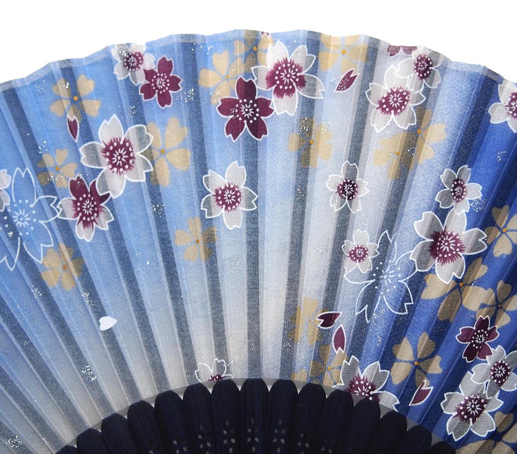 Asahio Handmade Silk Folding Fan for 21cm X 30 Flowing Cherry Blossom Blue Product 121050 Women, Ken, Design, (with Glitter), Number