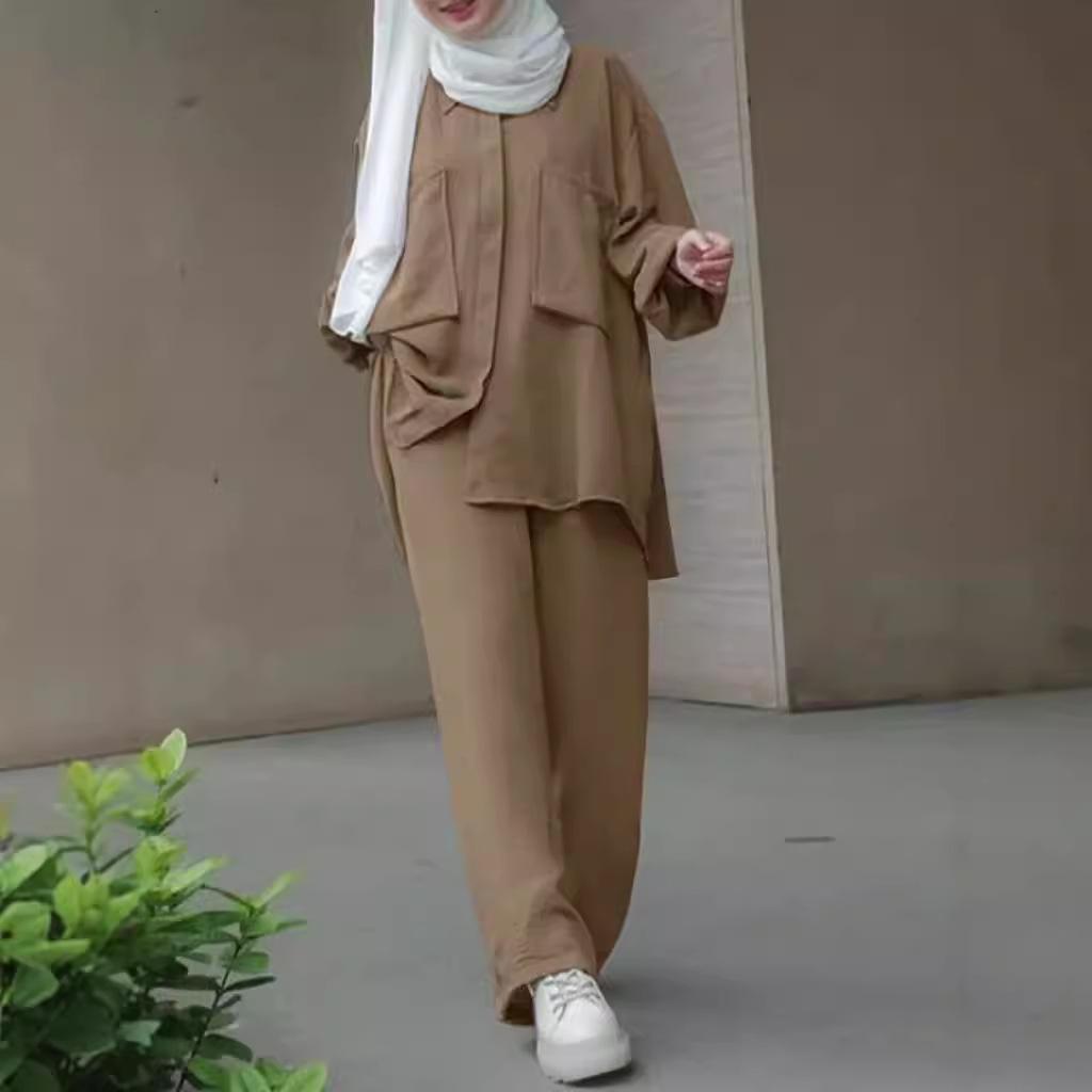 Женский костюм больших размеров с длинными рукавами и брюками-рубашкой на осень