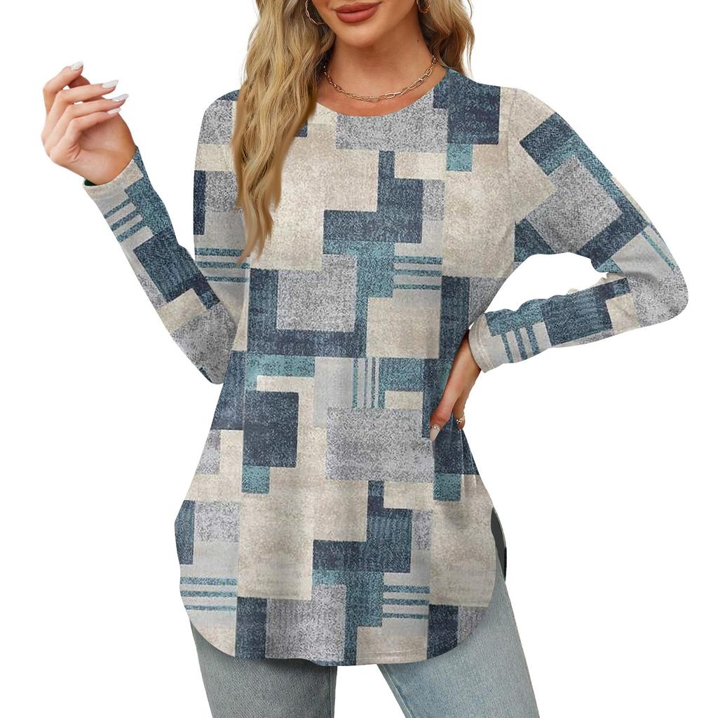 Женские рубашки с длинным рукавом и круглым вырезом, базовые свободные туники с боковым разрезом, повседневные рубашки с цветочным принтом