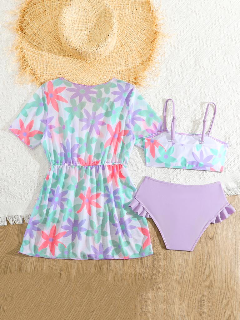 Модный комплект из 3 предметов для девочек, топ с цветочным принтом, однотонный купальник с короткими рукавами, купальный костюм