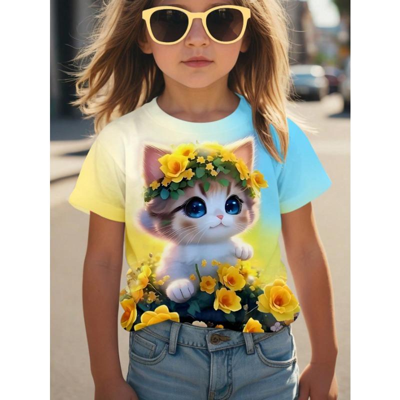 Верхняя одежда весна осень с принтом короткий рукав круглый вырез для девочек низ верх футболки для девочек