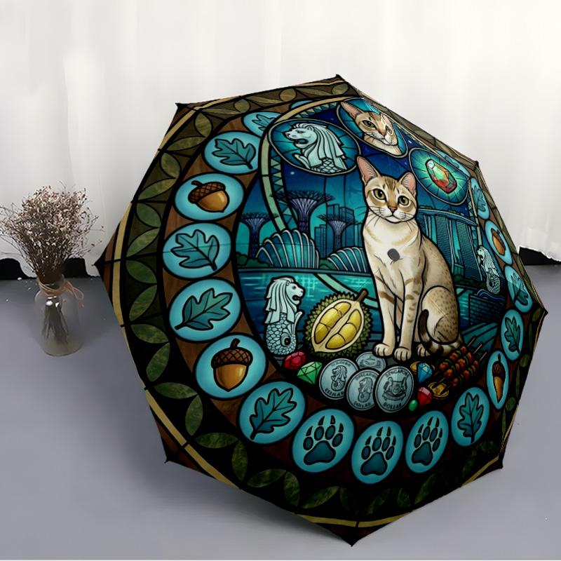 Glass Cat Singapore pattern umbrella, portable and foldable design, 8 ribs, a casual accessory for Halloween, Christmas, and birthday gifts.
