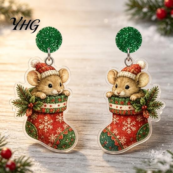 Christmas Mouse Earrings 1 Pair Cute Acrylic Earrings, 2D Flat Cartoon Animal Dangle Holiday Party Accessories Drop for Women, Glitter Star