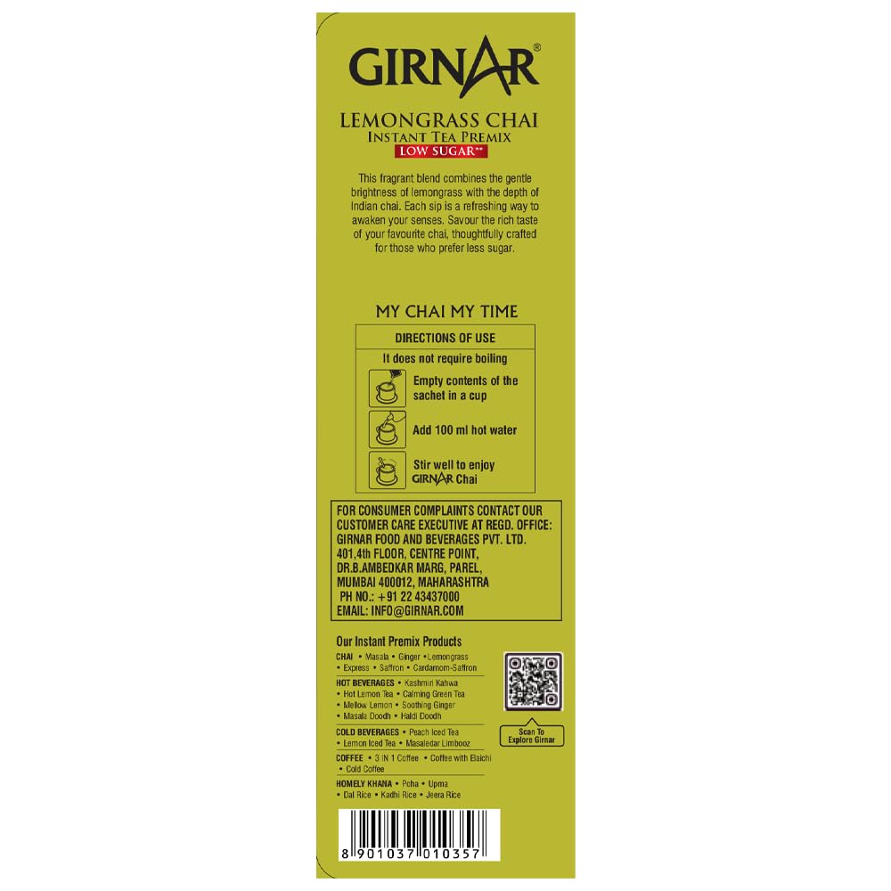 Girnar Instant Premix Lemongrass Chai Tea 10 Low Sugar Sachets Caffeine Free Refreshing Beverage