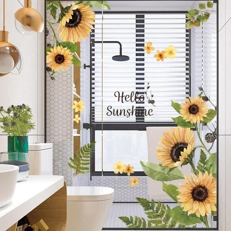 Sunflower Wall Stickers Glass Decorative Stickers Living Room Floral Background Wall Bedroom Room Decoration Accessories