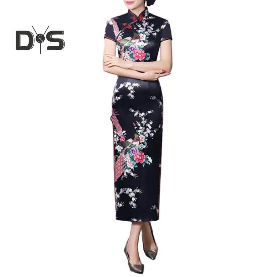 Women Dress Chinese National Style Floral Print Stand Collar Short Sleeves High Side Split Chinese Knot Buttons Cheongsam Satin Silky Slim Fit Summer