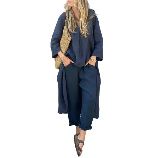 Женские комплекты из двух частей, длинный рукав, нерегулярный пуловер, топ с V-образным вырезом и широкий