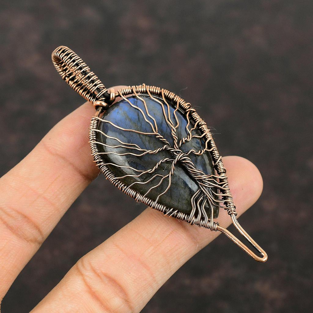 Древо Жизни Подвеска из Лабрадорита Кулон из медной проволоки Кулон ручной работы Медный ювелирный подарок для нее Подвеска из драгоценного камня Ювелирные изделия из проволочной обмотки