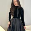 2024 Women's Black Gold Velvet Slim Waist Round Neck Long Sleeve Dress