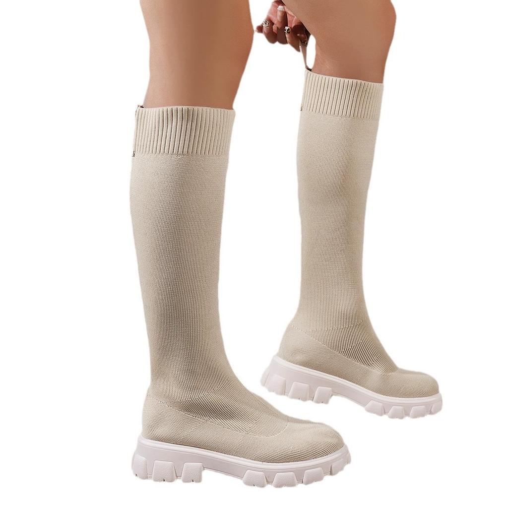 Осень/Зима Европейская и Американская Мода Летающие Вязаные Носки Ботинки для Женщин - Толстый Каблук Ботинки Мартин