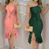 Women's Sexy Summer One Shoulder Short Sleeve Solid Color Cowl Ruffle Dress