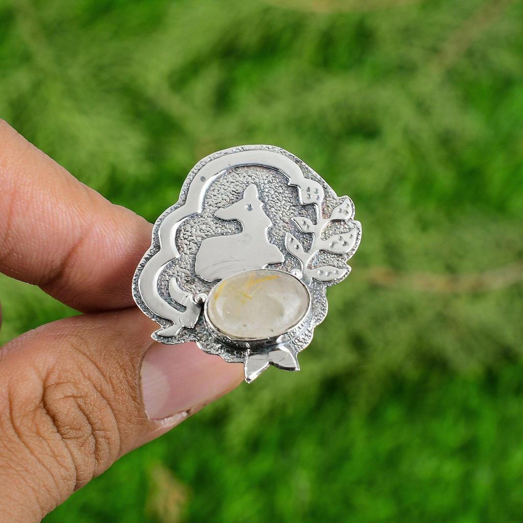 Sterling Silver Natural Golden Rutile Solitaire Promise Statement Ring Jewelry