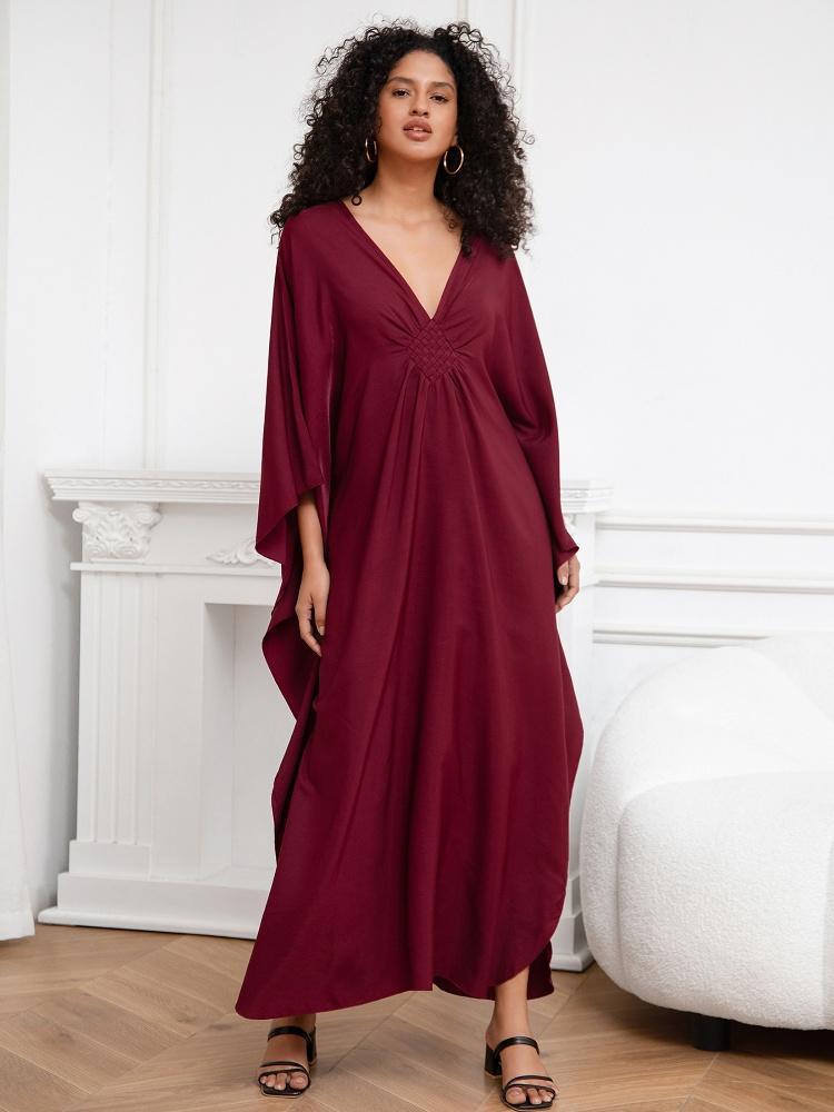 EDOLYNSA Wine Red Kaftan Women's Long Dress Pcaftan Lus size Moo Moo Dress Beach Wear Lounge wear House robe Outfit Q1306