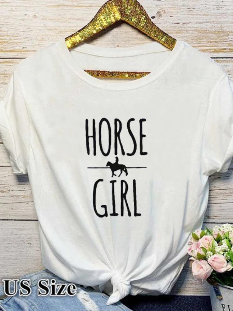 Футболка с принтом в виде буквы HORSE GIRL, женская, с коротким рукавом и круглым вырезом, свободная, летняя, женская, повседневная, футболка, топы, Camisetas Mujer