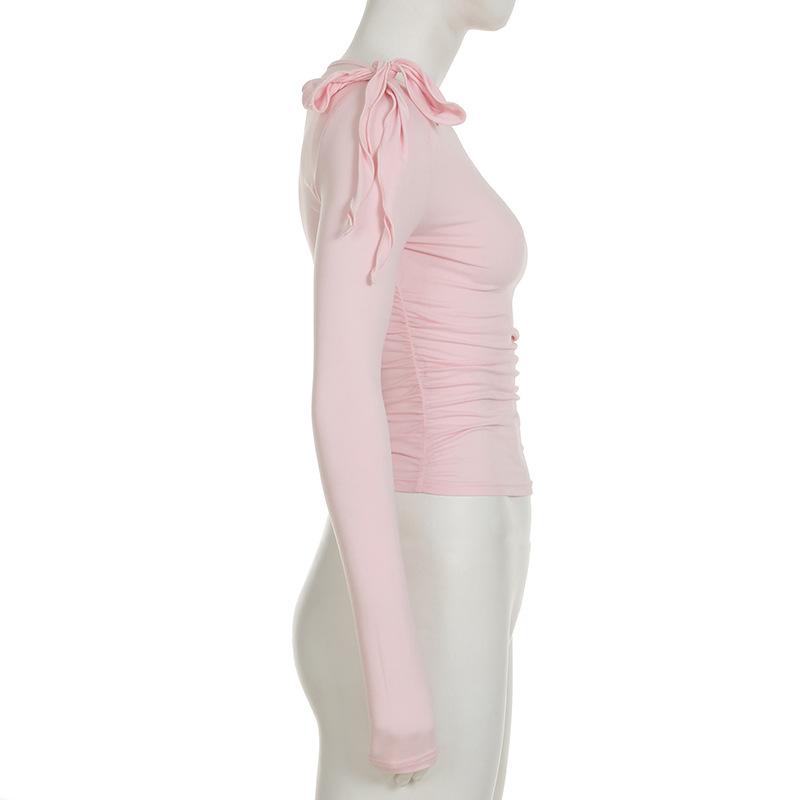 Women's One Shoulder Tie Design Solid Colour Spice Girls Pleated Waist Slim Peplum Fashion Long Sleeve Short T-Shirt