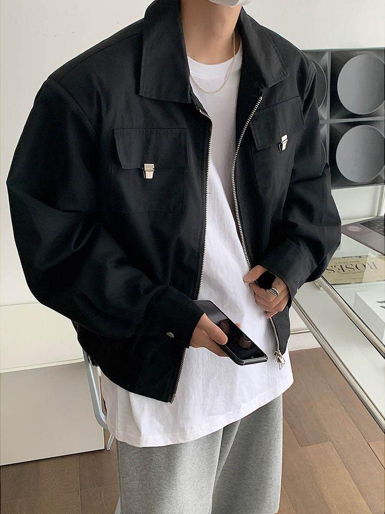 Men's Oversized Khaki Baseball Jacket - High-End CleanFit Workwear Pilot Style