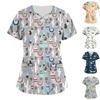 Плюс размер, милая рабочая форма с принтом, топы для женщин, забавные футболки с перекрестным v-образным вырезом и короткими рукавами, рабочая одежда, футболка с карманами