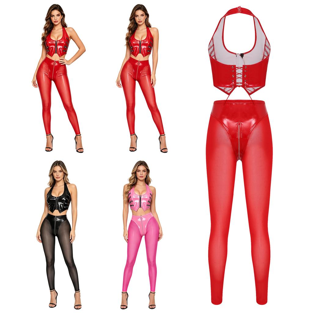 Women Glossy PU Leather Outfit Halter Crop Top Back Lace Up Multi Zip High Waist Leggings Y2k Clubwear