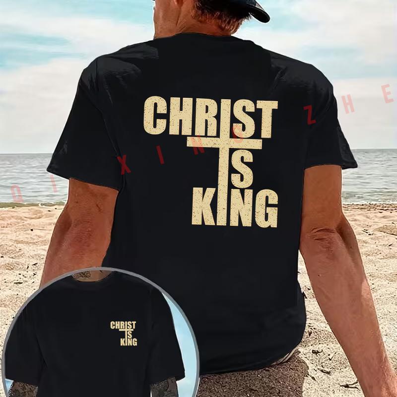 CHRIST IS KING Christian Cross Religious Motorcycle T-Shirt Double-Sided Print Men‘s Short Sleeve Summer O-neck Tops