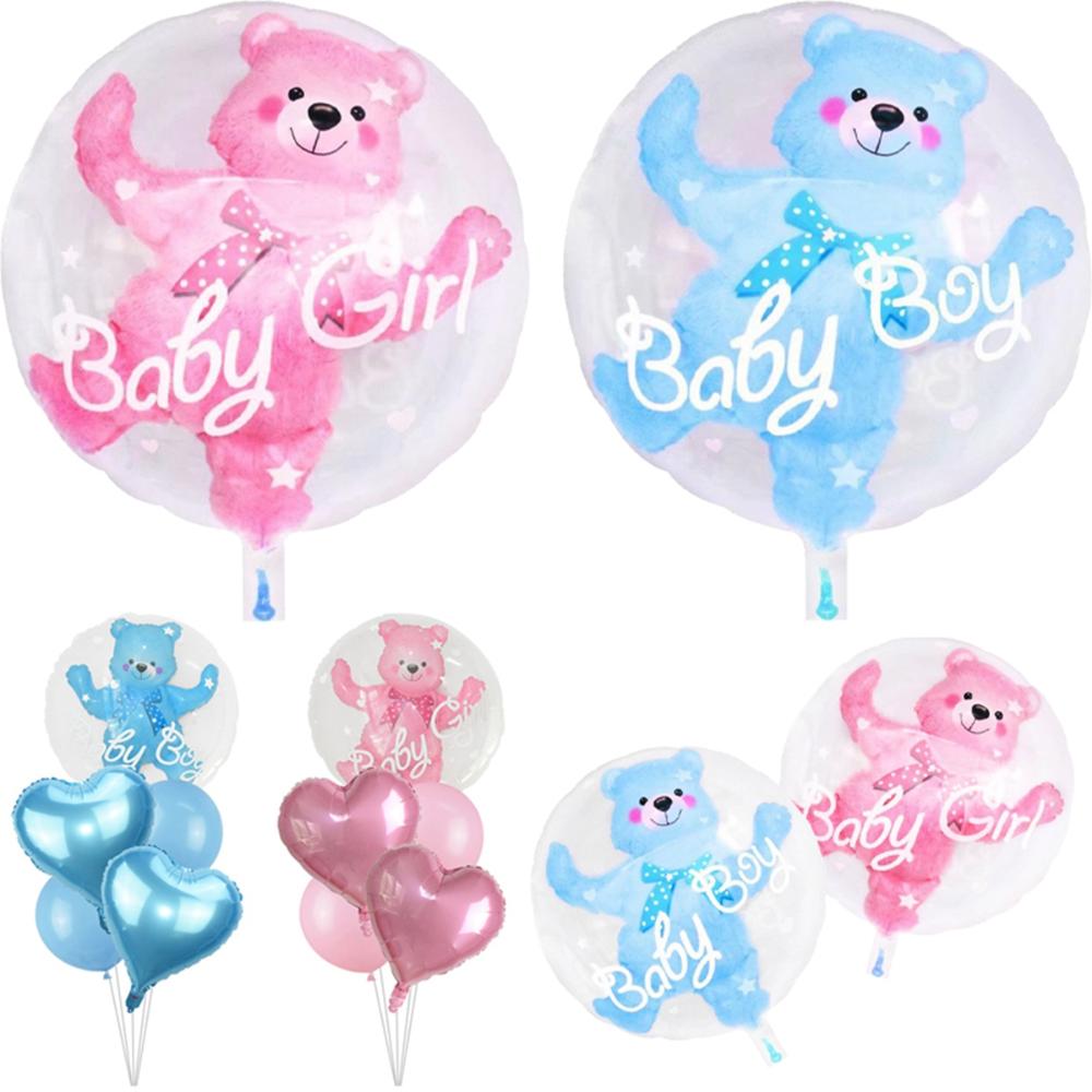 Детский День Рождения 24 дюйма Синие Розовые 4D Фольгированные Двойные Шары-Пузыри Globos Медведь Товары для Вечеринки