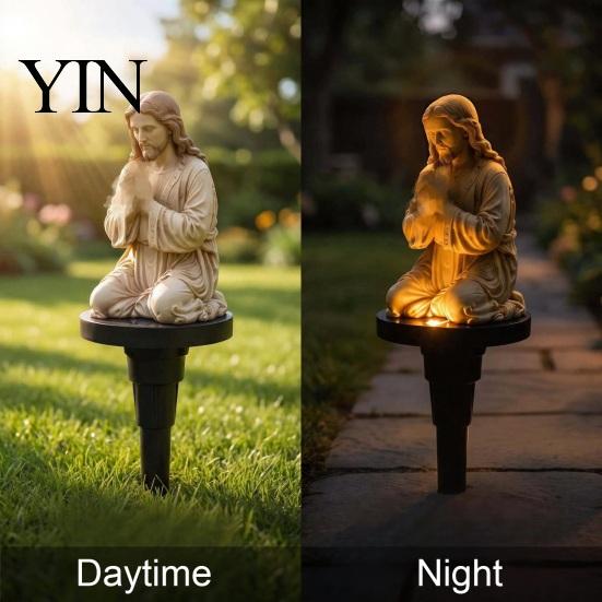 Lawn Path Illumination Solar Prayer Statue Garden Stake Light, Waterproof Resin Human Figure Sculpture for Outdoor Patio Landscape Lighting