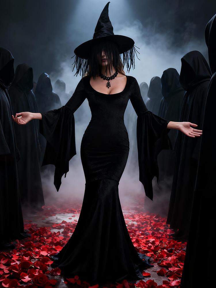 Halloween Bat Witch Gothic Vampire Ghost Bride Long Dress Costume, Dark Sorceress Gown