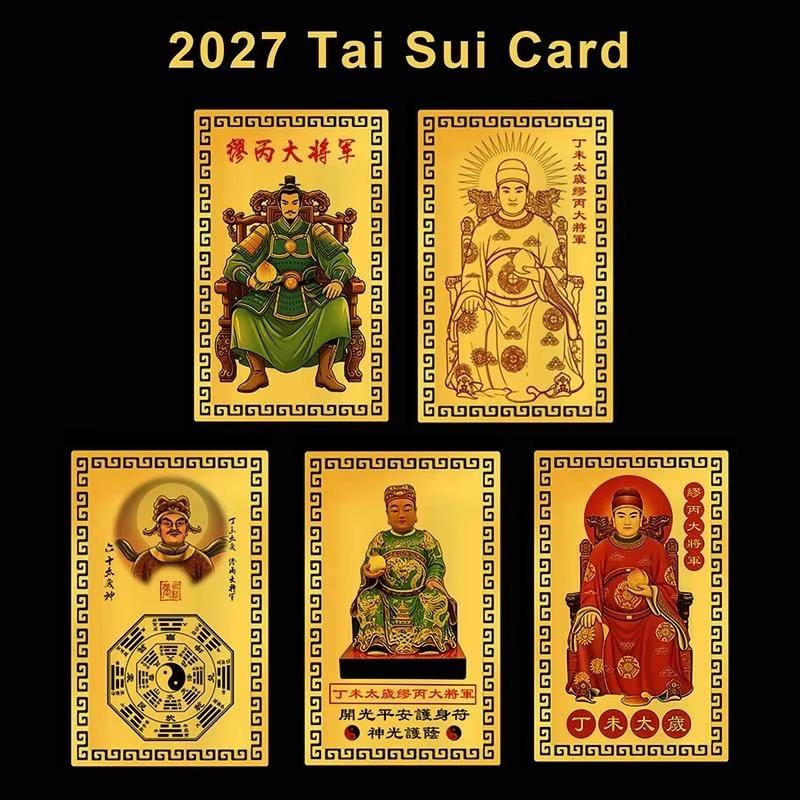Gold Metal 2027 Tai Sui General Miao Bing Card Clear Pattern Unique Lucky Feng Shui Talisman for Desktop Decor Good Luck