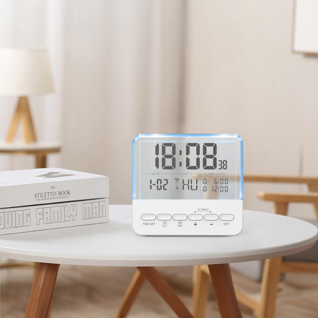 Clean Button Layout Modern Ambient Lighting with 7 Color Two Independent Alarms LCD Alarm Clock Ideal for Home Office