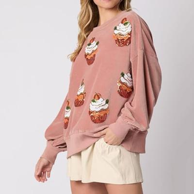 Женская толстовка с принтом кексов и пайеток, круглый вырез, свободные длинные рукава, повседневный топ на рождественскую тематику для новогодней вечеринки