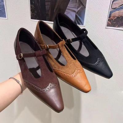 2025 осень и зима новая французская ретро остроносая обувь с мелким вырезом на низком каблуке с Т-образной пряжкой туфли Мэри Джейн женская обувь