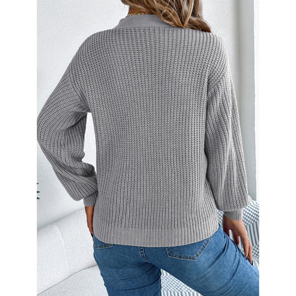 HNXC Autumn and Winter Casual Hollow V-neck Twisted Lantern Sleeve Pullover Sweater for Women