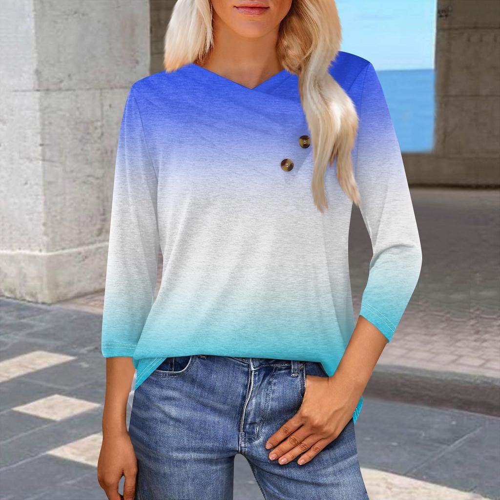 Женская модная повседневная футболка с принтом в виде градиента, рукавами-семиточками, V-образным вырезом и застежкой на пуговицы