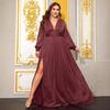 Plus Size Women's Deep V-Neck Lantern Sleeve Evening Gown with Slit - FMGN1043