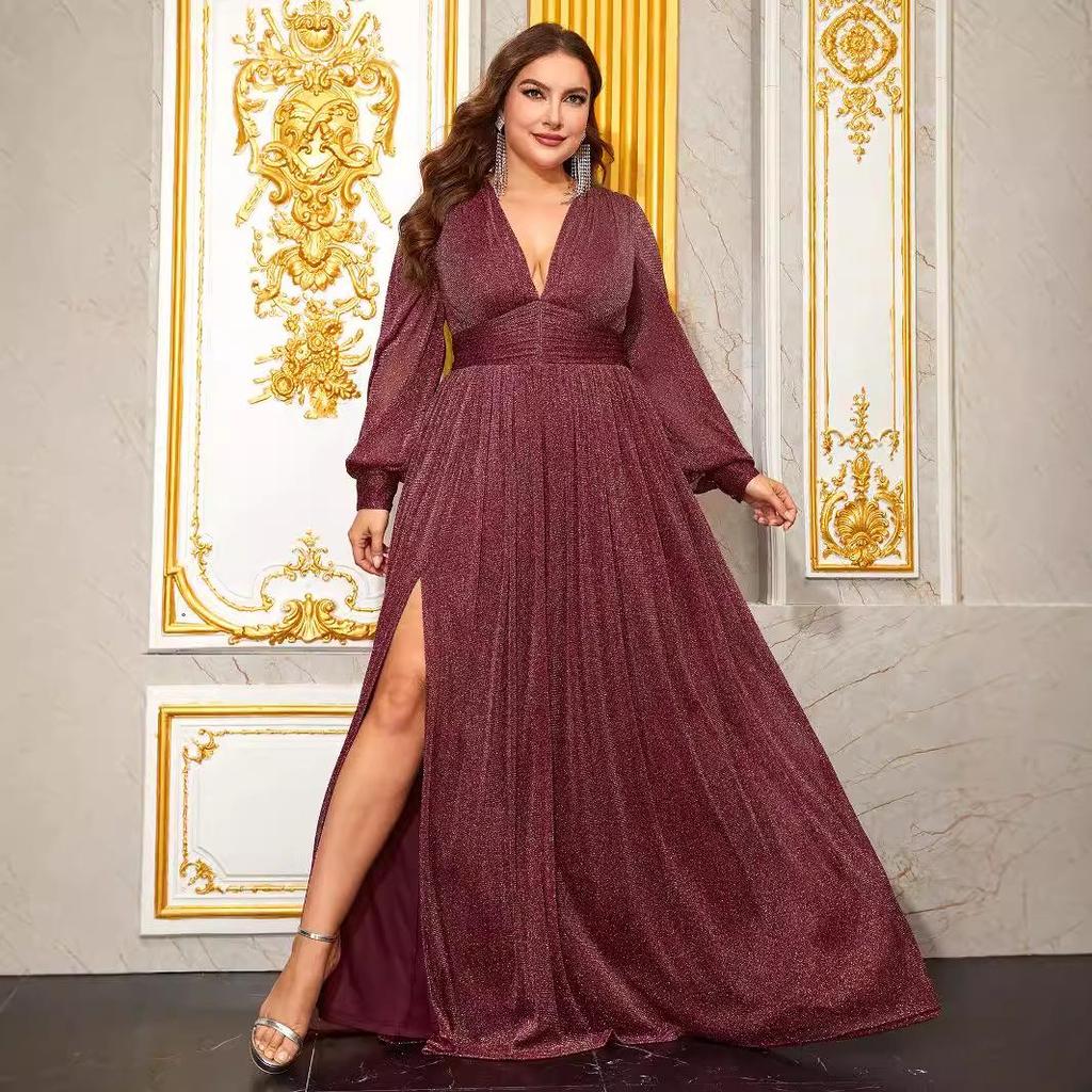 Plus Size Women's Deep V-Neck Lantern Sleeve Evening Gown with Slit - FMGN1043