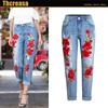 Women's Elastic Loose Jeans Women's Trousers Colored Flowers Embroidery Ripped Jeans