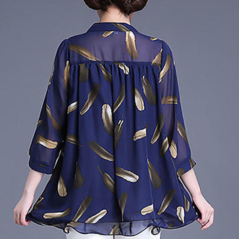 Oversized Blouses Women's Three-quarter Sleeve Top Blouses Chiffon Blouses Loose Round Neck Feather Pattern Sleeve Translucent Off-shoulder Blouses